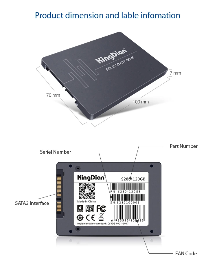 KingDian 559,7/380,5 МБ/с. Высокая производительность нового TLC 2,5 SATA3 120 ГБ SSD 128 ГБ-(S280-120GB)