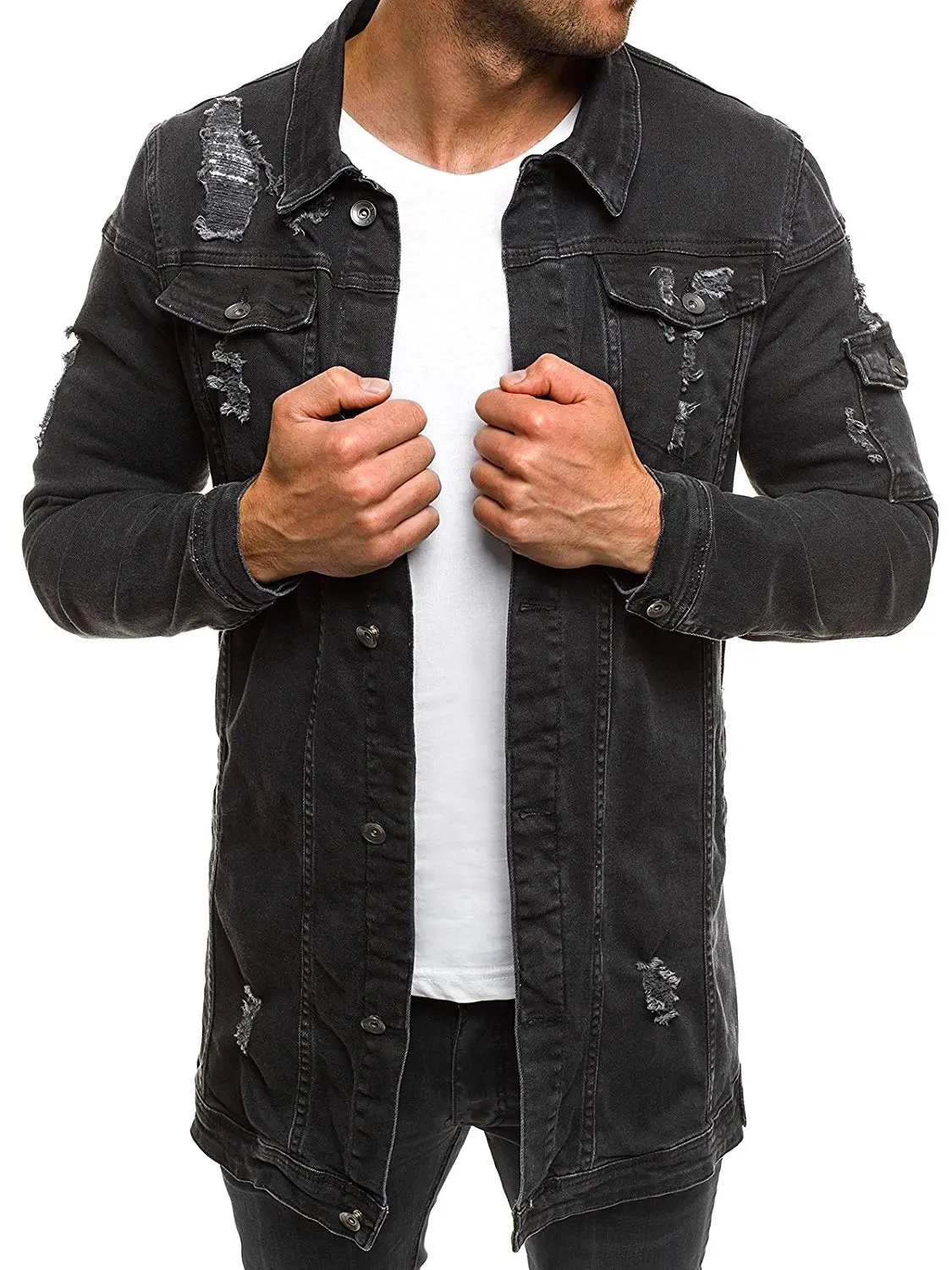 Мужское Ковбойское пальто высокого качества, осенний стиль, джинсовая куртка с дырками, свободный тонкий рукав, ковбойская куртка XXXL - Цвет: Черный