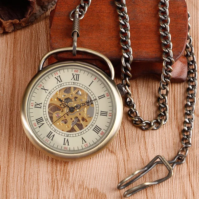 Античная часы-скелетоны Бронзовый механический ручной взвод карманные часы Relogio де Bolso с цепочкой для мужчин женщин Рождественский подарок