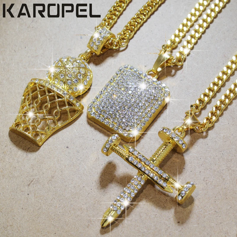 Karopel Iced Out Bling CZ Кристалл Кулон Золотой баскетбол крест цепочки и ожерелья 24 дюймов звено цепи хип хоп ювелирные изделия