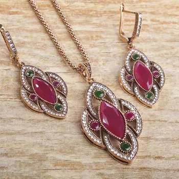 

Blucome Classic New Turkey Retro Jewelry Set Dripping Shape Zinc Alloy Women Wedding Bridal Flower Necklace Earrings Accessories