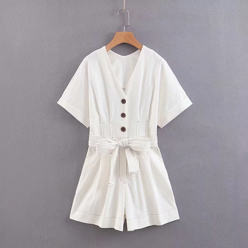 

Solid Jumpsuits Cotton and Linen Summer Women Slim Loose Straight Women Elegant Bow V-Neck Bodysuits Short Length Hot Pants