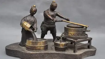

12'' China Folk Man and Woman Couple Making Tofu Bronze Statue