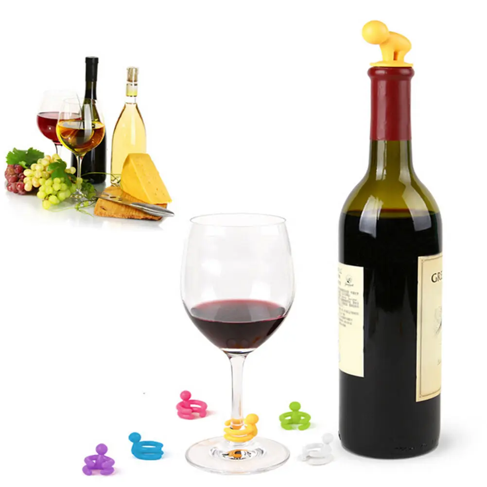 1+6 Creative Silicone Small Drunkard Champagne Wine Bottle Stopper with Wine Glass Cup Marker Set Novelty Party Accessories