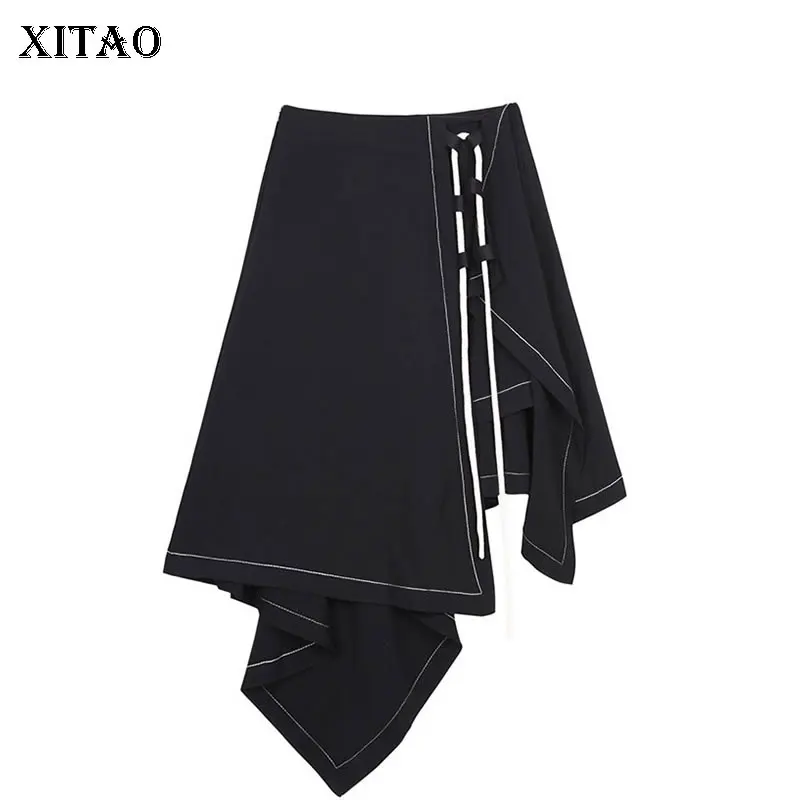

[XITAO] 2019 Summer New Arrival Style Korea Casual Fashion Asymmetrical Patchwork Lace-up Match All Knee-length Skirt ZQ1214