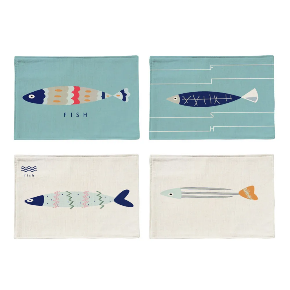 

Mediterranean Style Fish Pattern Cotton Linen Placemat Printed Table Mat Heat-Insulation Dining Table Pad Kitchen Tableware