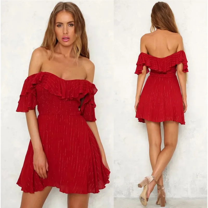 yinlinhe Red Off Shoulder Summer Dress Short Sleeve Sexy Striped Ruffles Dress Women Backless Slim Waist Elegant Vestidos 15