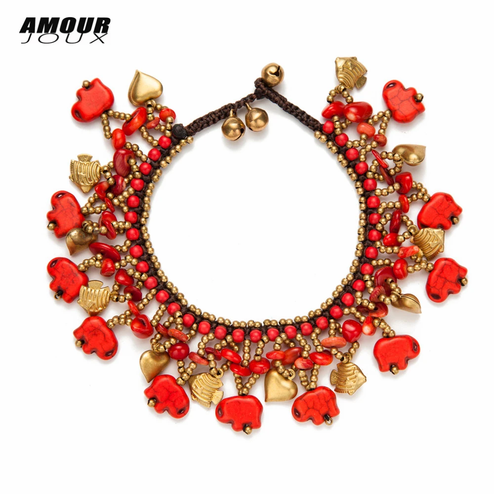 

AMOURJOUX Ethnic Handmade Red Elephant Heart Fish Leg Anklets For Women Ankle Bracelet Anklet Female Foot Jewelry