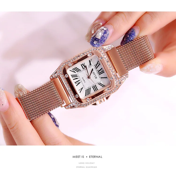 Женские повседневные часы Роскошные Алмазные женские кварцевые квадратные магнитные часы водонепроницаемые женские наручные часы римские цифры часы