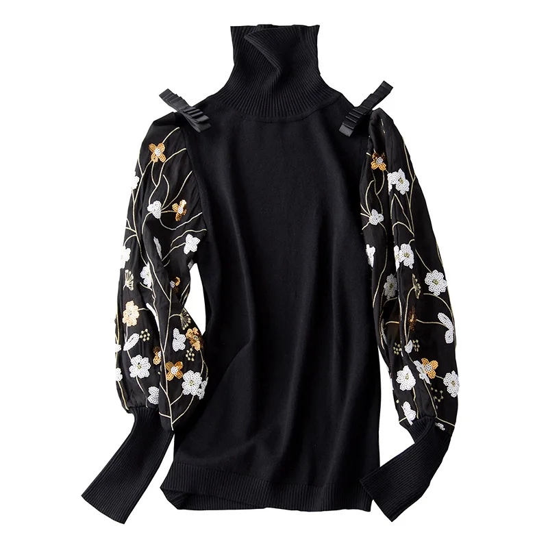 2018 new wool elastic turtle neck embroidery lantern sleeve sweater high quality office lady women autumn pullover sweater