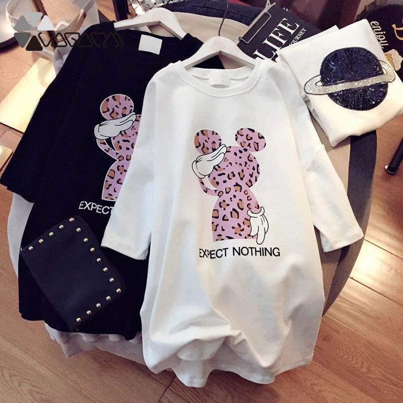 

Minnie Mickey Mouse Women Cartoon Plus Size Dresses Short Sleeve Black White Casual Mini Fashion Loose Summer Dress Leopard Chic