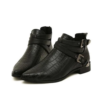 

Autumn& Spring Fashion PU Leather Women Boots Nice Pointed Toe Crocodile Stripe Ankle Boots Buckle Woman Shoes Z181