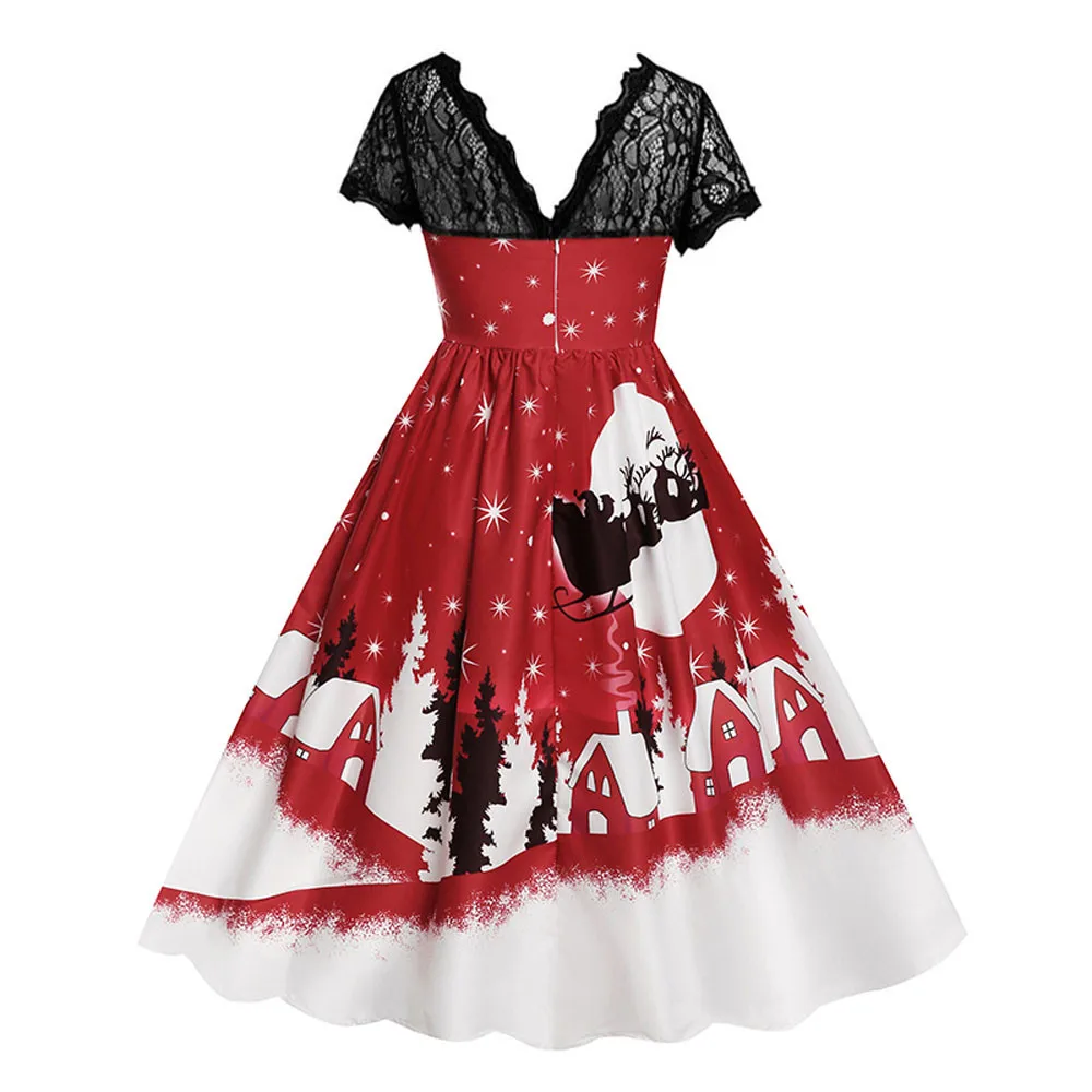 Women's Vintage Christmas Party Swing Dress Lace Short Sleeve Print ...