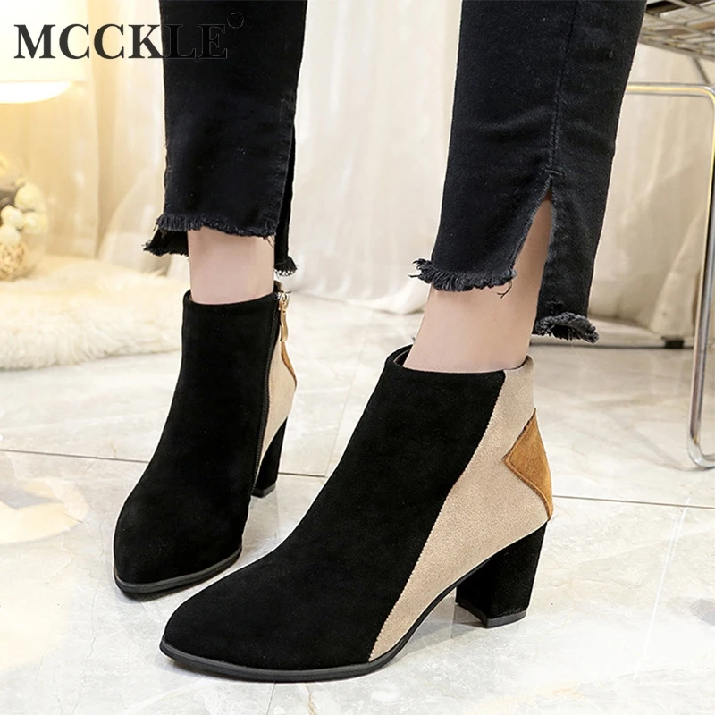 

MCCKLE Ankle Boots Women Sexy Shoes Thin Heels Square High Heel Autumn Ladies Patchwork Pointed Toe Flats Flock Zipper Designer