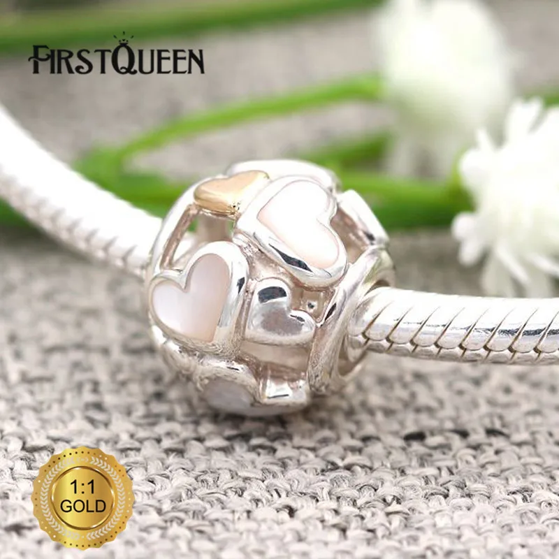 

FirstQueen Silver&14k Luminous Hearts, Mother of Pearl charm Pendant For Bracelet 2017 Christmas DIY Gift Fine Jewelry