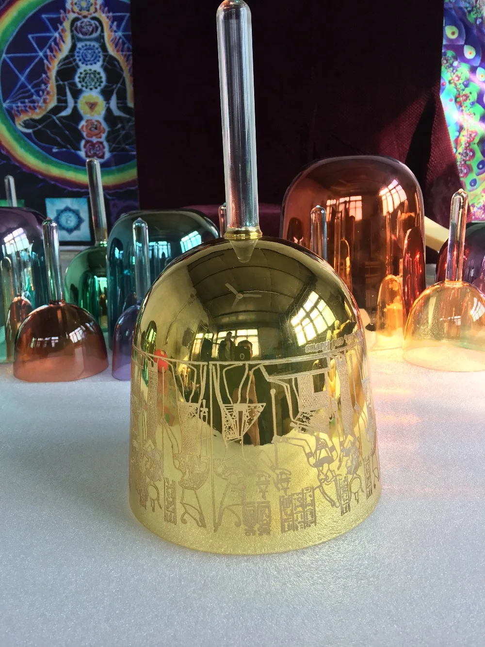 

alchemy golden egyptian carved design crystal singing handle bowl 6" vibrational sound energy therapy