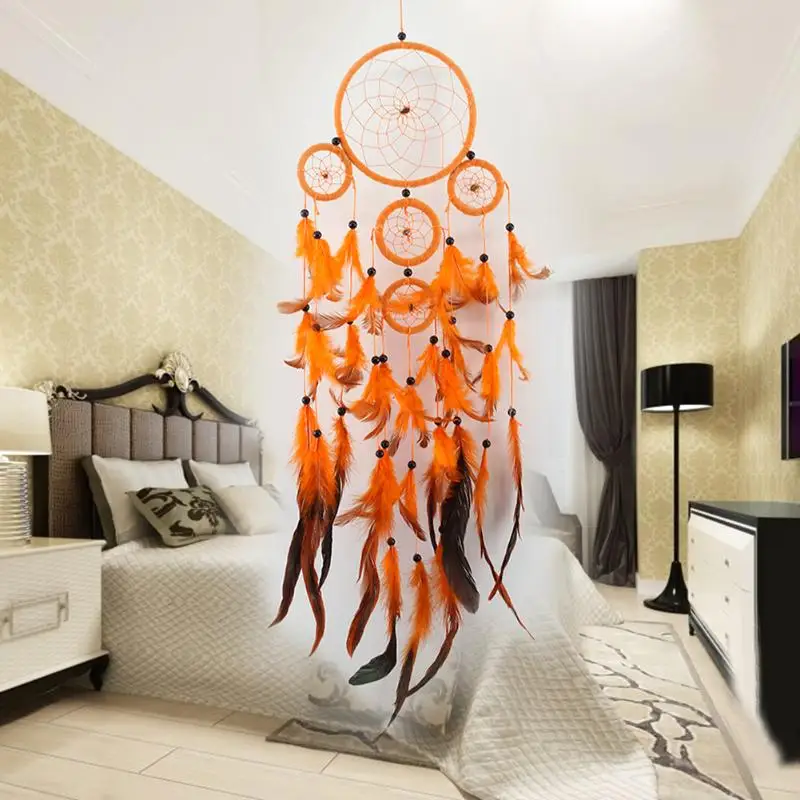 Оранжевый пять колец Ловец снов талисман подарки для домашнего декора автомобиля Хранитель снов ручной работы с пером настенный Декор для дома