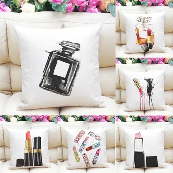 

45*45cm Printed Pillowcase Perfume Bottles Lipstick Velvet Cushion Cover Square Pillowslip Home Pillow Covers