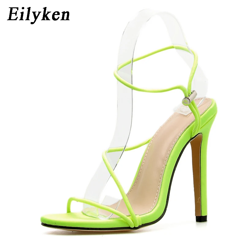 Eilyken/ г. Новые прозрачные женские босоножки с перекрестной шнуровкой на щиколотке пикантные босоножки на шнуровке на высоком каблуке 12 см обувь высокого качества