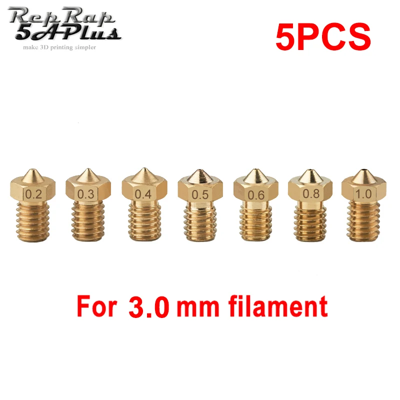 

5PCS M6 Threaded Nozzle Full Metal 0.2 0.3 0.4 0.5 0.6 0.8 1.0mm for 3.0mm Filament V5 V6 Hotend Extruder 3D Printer