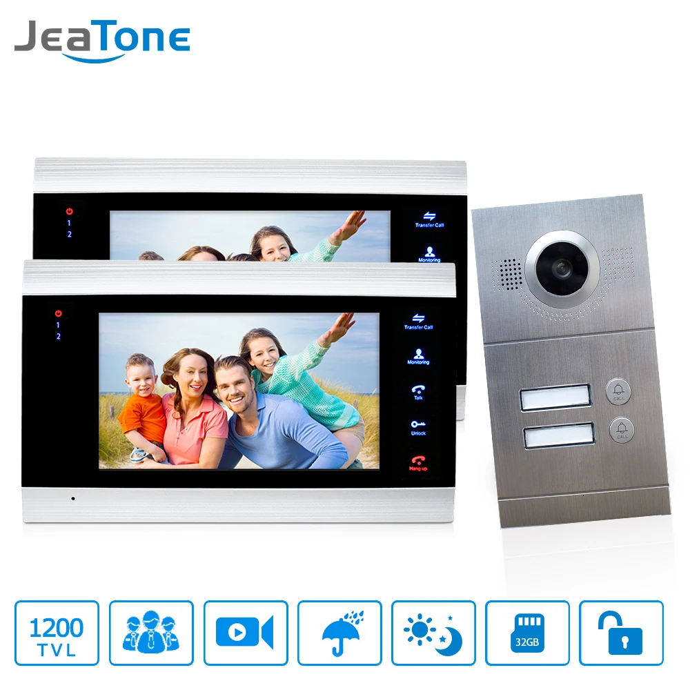Jeatone 7" Multi Apartment Video Door Phone Video Intercom Doorbell System 1200 TVL Camera Touch Key for 2 Apartments