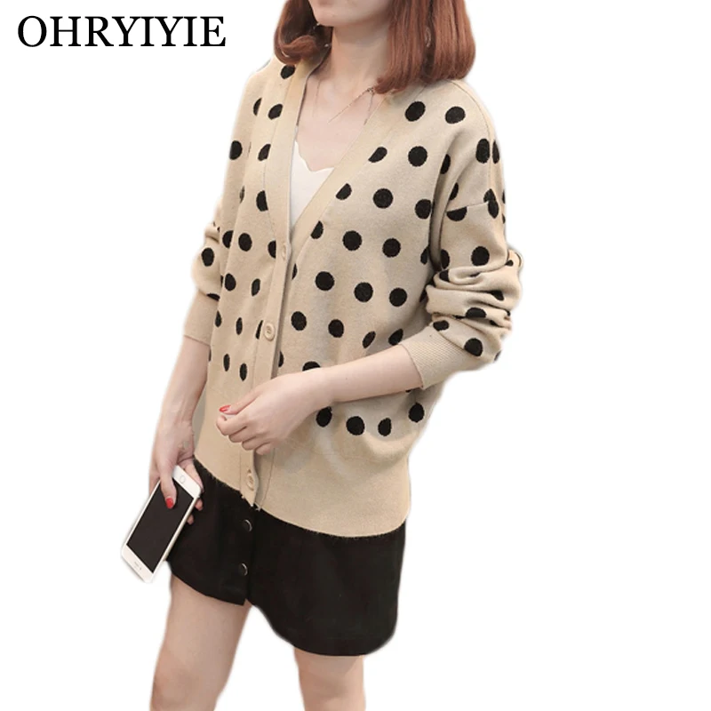 

OHRYIYIE Beige/Black Single Breasted Mori Girl Style Women Cardigan Sweater 2019 New Loose Polka Dot Cotton Knitted Coats Tops