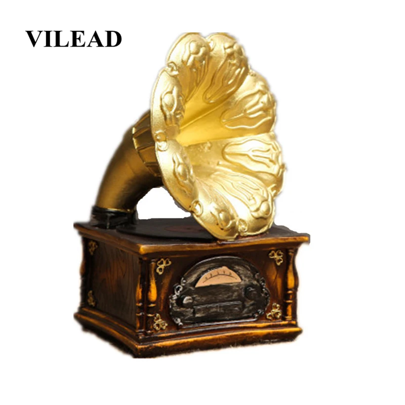 

VILEAD 7.1" Resin Phonograph Record Player Figurines European Retro Bar Home Crafts Decoration Coffee Shop Ornament Model Gifts