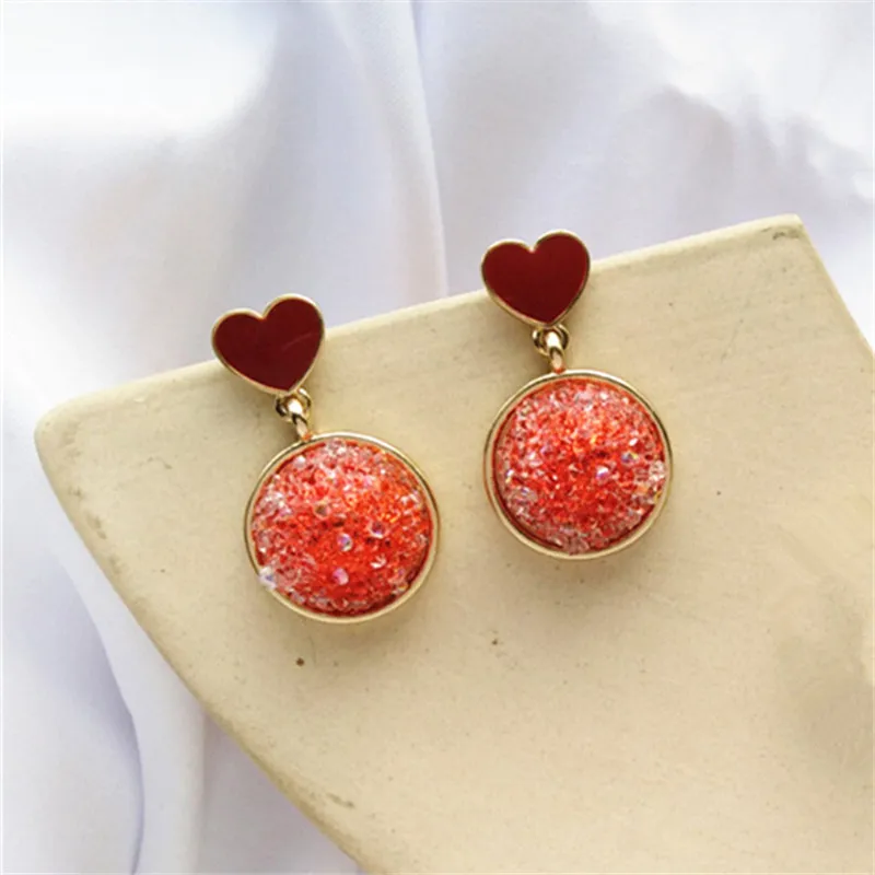 Fashion woman earrings Heart shaped glass stud earrings Geometric golden circle metal stud