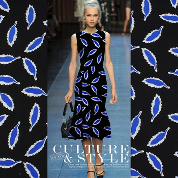 

110cm Width 12mm Blue Leaves Black 100% Mulberry Silk Crepe de Chine Fabric for Woman Summer Dress Blouse Sewing DIY