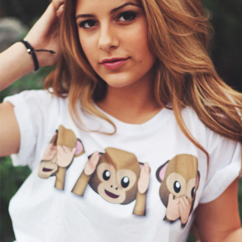 

Plus Size XL Harajuku Emoji Three Monkey Printed T shirt Women Funny T-shirt White O-neck Tops Tees WMT63
