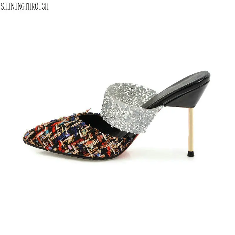 

New Women Shoes Colored cotton slippers Thin High Heels Pointed Toe Sandals Glitter Ladies Sandals 2018 Summer wedding shoes