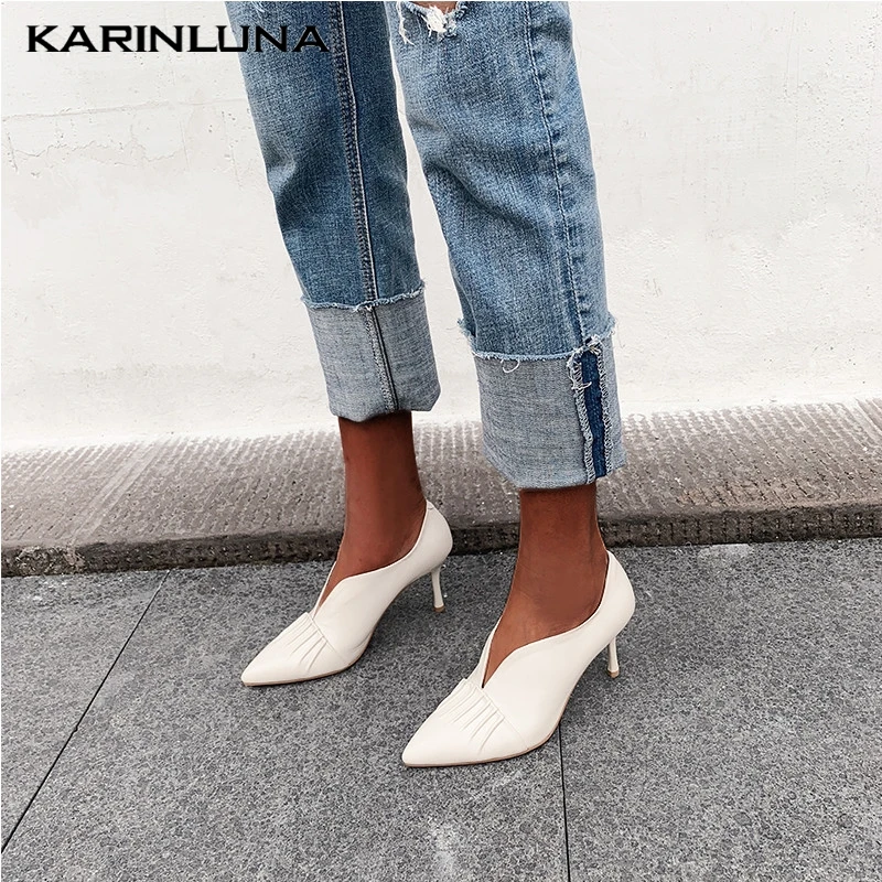 

Karinluna Hot Sale Large Size 33-43 Cow Leather Pointed Toe Party Pumps Woman Shoes Slip On Elegant Pumps Female