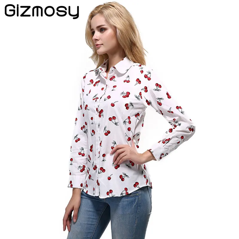 Блузка женская с цветочным принтом длинным рукавом и отложным воротником|blouses women