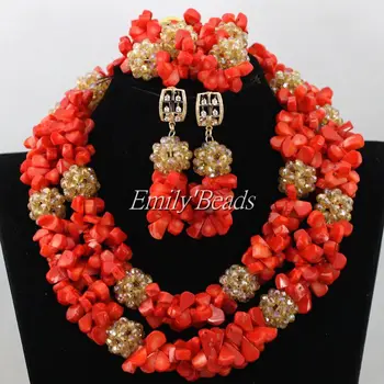 

2016 Latest Coral Beads Mix Champagne Crystal Beads Jewelry Set Nigerian Wedding African Bridal Necklace Jewelry Sets CJ664