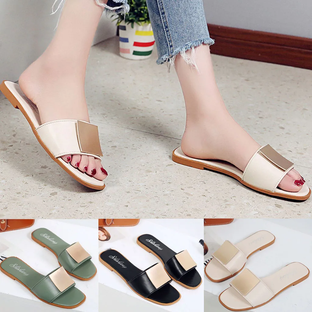 

Square Metal Decor Sandals for Women's Open Toe Slippers Solid Color Fashion Flat with Comfortable Soft Soled Casual Shoes