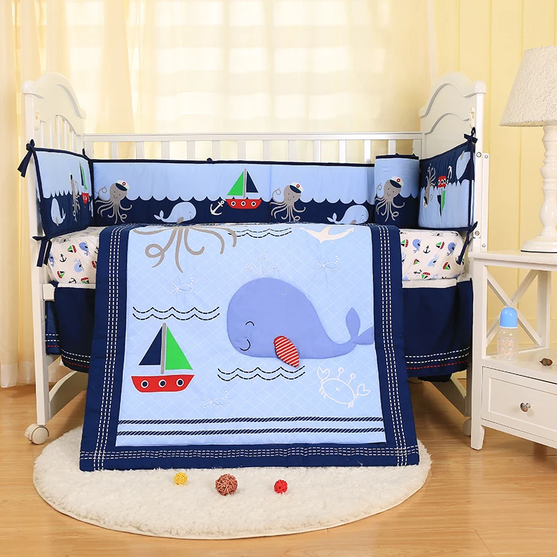 Простые детские постельные принадлежности наборы морской Осьминог КИТ Детский комплект из 7 предметов кровать застежки для простыни юбка бампер