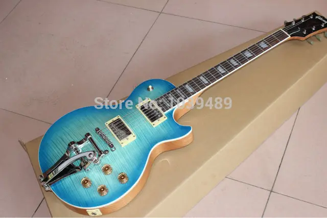 Cheap LP Electric Guitar thin blue burst,chrome hardware with bigsby tremolo,high grade!