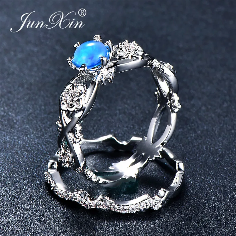 

JUNXIN Blue Fire Opal Birthstone Rose Flower Charm Ring Sets For Women 925 Sterling Silver Filled Zircon Vintage Double Ring