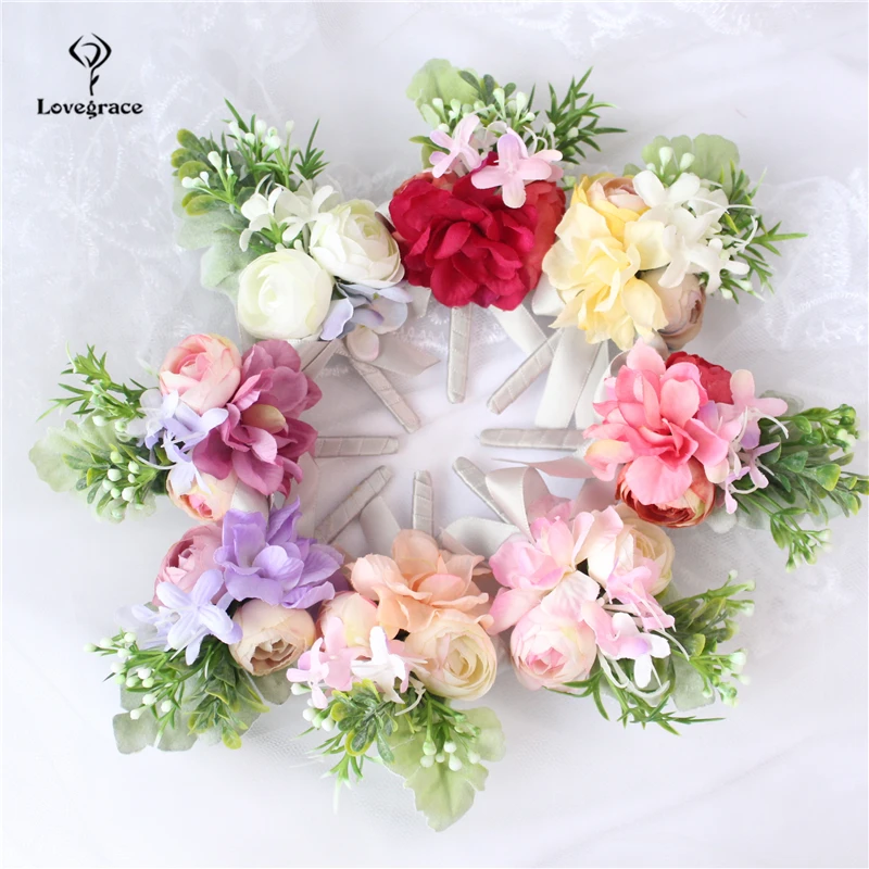 

Wedding Corsages Boutonnieres Wrist Cuff Bracelets Bridesmaid Silk Roses White Pink Groom Boutonnieres Marriage Prom Brooch Pins