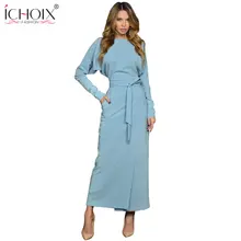 ICHOIX женское Бандажное платье с длинным рукавом, элегантное платье с поясом и пуговицами, однотонное женское платье средней длины, осенне-зимнее платье
