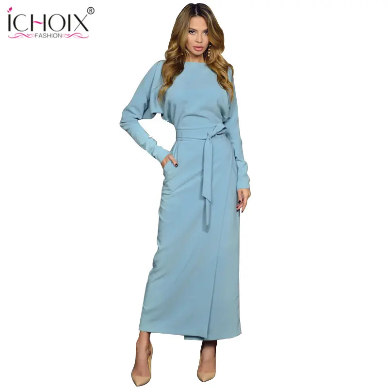 

ICHOIX Women Long Sleeve Bandage Dress Elegant Sashes Button Robe Solid Ankle Length Female Midi Autumn Winter Dress 2019
