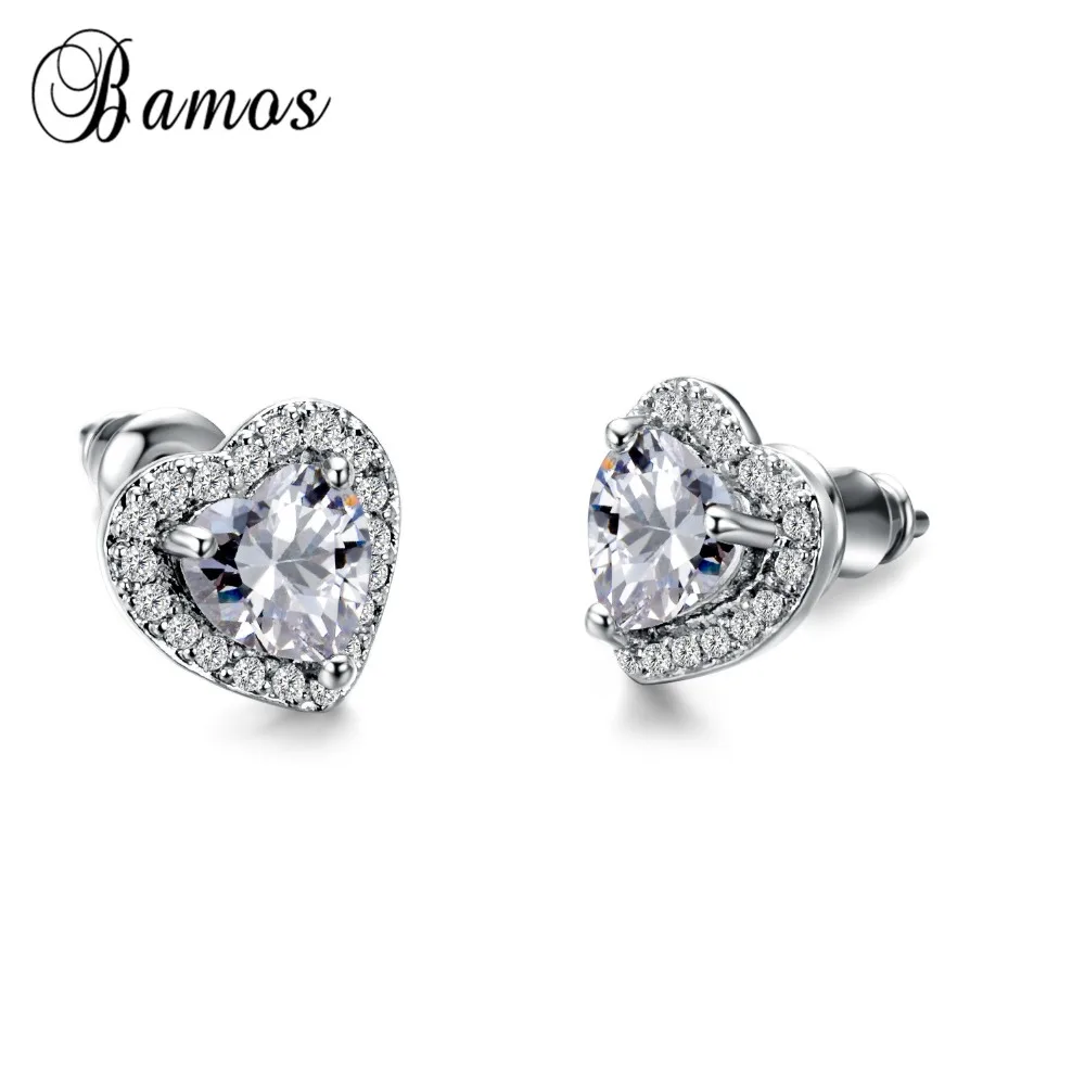 Bamos, модные серьги-гвоздики в форме белого сердца, AAA, циркониевые украшения для женщин, рождественские подарки, высокое качество, Двойные серьги