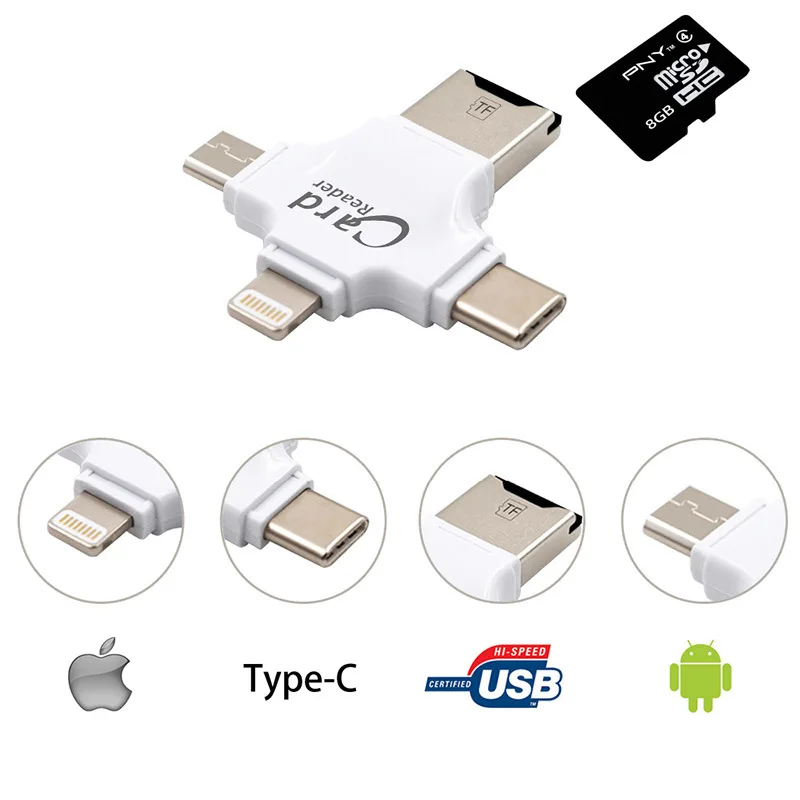 4 in 1 Type-c/Lightning/Micro USB/USB 2.0 Memory Card Reader Micro SD Card Reader for Android Ipad/iphone 7plus 6s5s OTG reader 4 in 1 Type-c/Lightning/Micro USB/USB 2.0 Memory Card Reader Micro SD Card Reader for Android Ipad/iphone 7plus 6s5s OTG reader