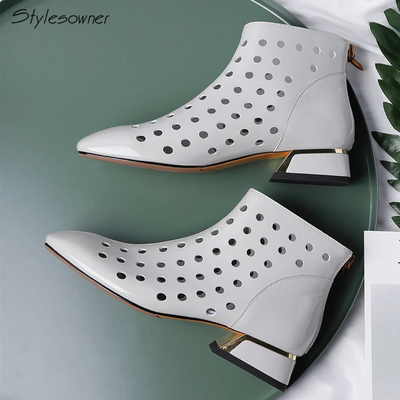 

Stylesowner 2018 Patent Leather Hollow Out Women Ankle Boots Zipper Summer Short Boots Chunky Low Heels Women Casual AnkleBoots