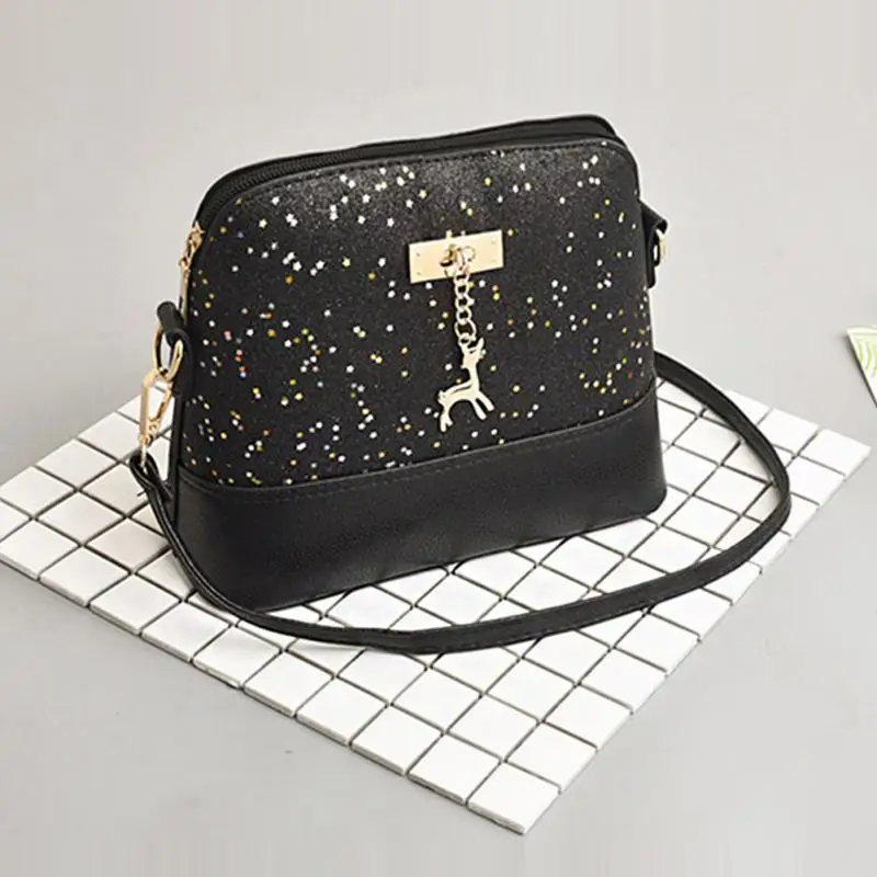 

New Women Zipper Shoulder Bag Shell Shape Sequins Shining Crossbody bag Hard Pu Leather Handbag Tote Black/Silver/Gold#