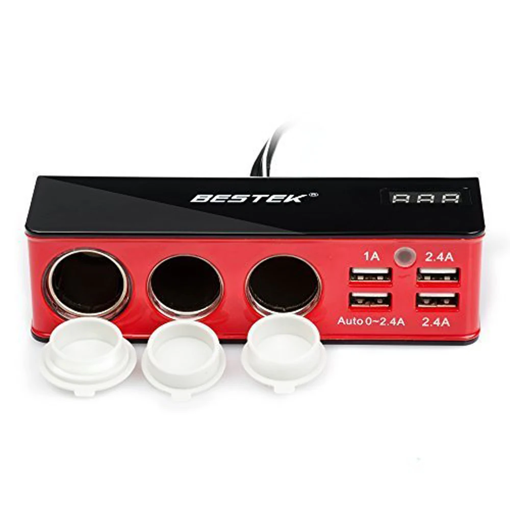 BESTEK 3 Socket Cigarette Lighter Adapter With USB Port 5.2A 4 USB