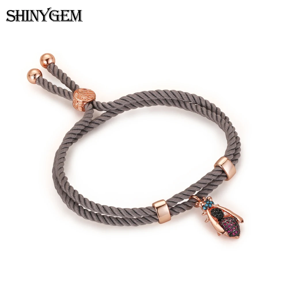 

ShinyGem Micro Pave Zircon Insect Charm Bracelets Blue/Gray Adjustable Rope Chain Handmade Bracelet Double Loop Women Bracelet