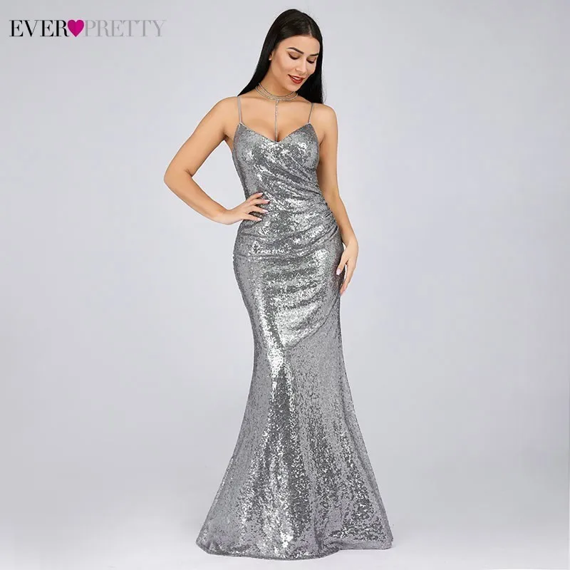 Ever Pretty Robe De Soiree New Burgundy Sexy V Neck Spaghetti Straps Sequins Evening Dresses Long Party Gowns EP07339BD - Color: Gray