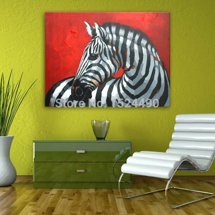 

100% Hand-painted High Q. Modern Red Base Zebra Horse Animal Oil Painting On Canvas Modern Home Decoration Wall Art Picture