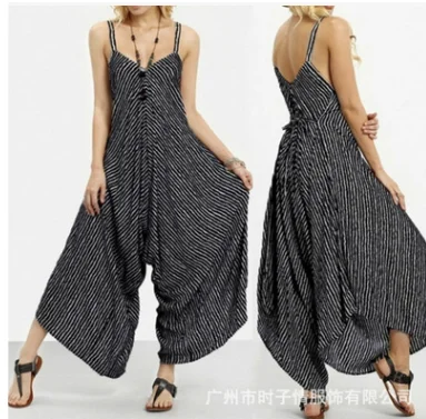 

Summer Rompers Womens Jumpsuit Sexy Strap Casual Loose Striped Playsuits Wide leg pants Backless plus size